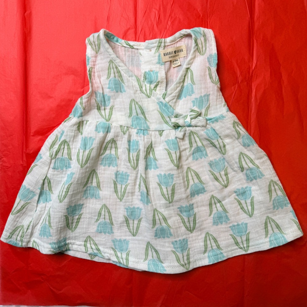 Rabbit + Bear Organic Cotton Muslin Tulip Floral Dress Blue White 6-9M